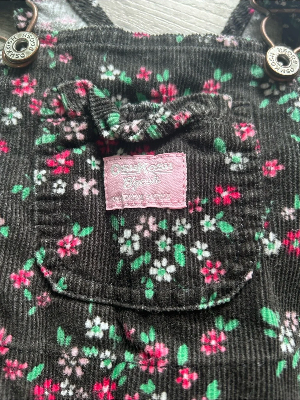 OshKosh B'gosh Black Floral Corduroy Overalls with Pink & Teal Flowers